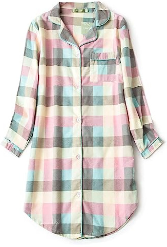 CHUNG Chemise de Nuit à Manches Longues Boutonnée pour Femme - Pyjama à Carreaux en Flanelle et Coton