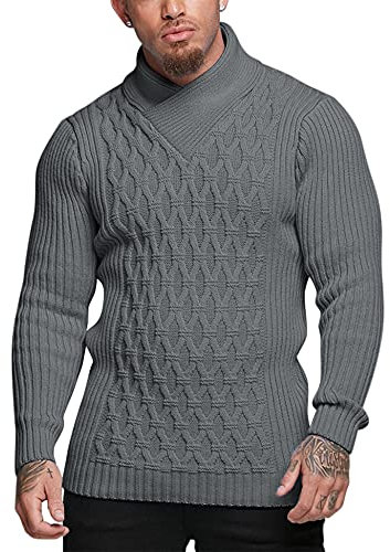 COOFANDY Mens Knitted Pullover Sweater Cable Knit Jumper Stylish Knitwear Lightweight Sweaters - grey - XL