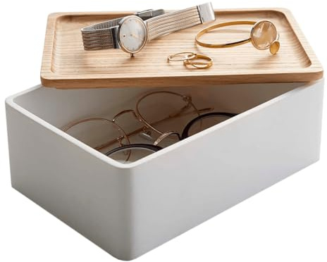 YAMAZAKI 5167 RIN Accessory Storage Box, white, Polystone/Wood, 18.5 x 12.5 x 7 cm