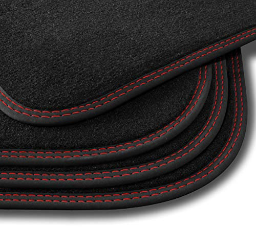 Bär-AfC Auto Fußmatten Premium passend für VW Golf 1 Cabrio 1979-1993, Autoteppiche Velours Schwarz, Nubuk Band Schwarz, Doppelnaht Rot + Rot, Set 4-teilig, VW04111