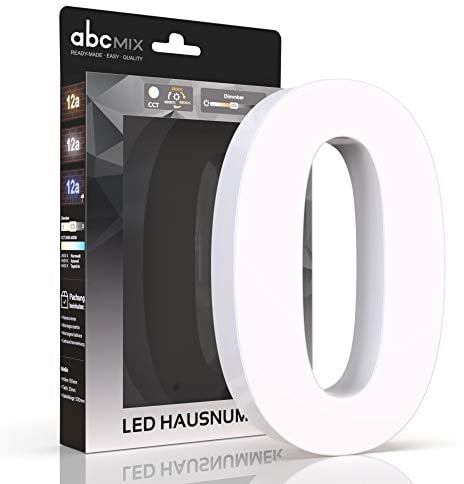 abcMIX LED Hausnummer, personalisierbare beleuchtete Hausnummer, Hausnummernleuchte mit LED - Hausnummer 0, Farbe WEIß, Lichtfarbeneinstellung, Dimmbarkeit