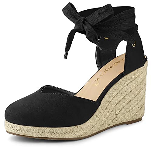 Allegra K Sandalias con Cordones Tacón De Cuña Plataforma De Alpargata para Mujeres Negro 38