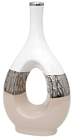 Edle Moderne Deko Designer Keramik Vase oval mit Loch in Cappuccino/Silber/weiß. Maße L/B/H: 18 x 9 x 33,5 cm.