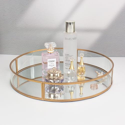 SLHEQING Bandeja de Espejo, Bandejas Decorativas Dorada, Bandeja de Perfume de Metal, Bandeja para Cosméticos Redonda para tocador, baño, Dormitorio (Dorado A, 25l. x 25an. x 5al. centímetros)