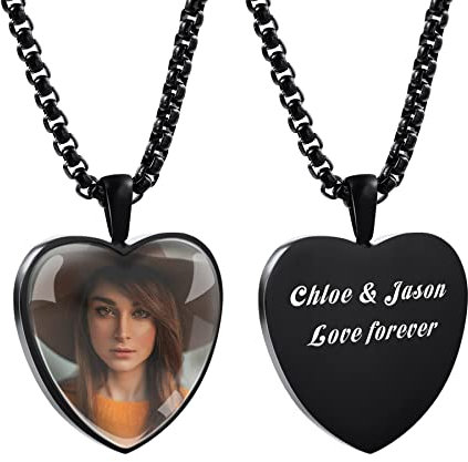 MeMeDIY Personalisierte Foto-Anhänger-Halskette Benutzerdefiniertes Bild-Text-Erinnerungs-Halskette Personalisiertes Geschenk für Frauen Männer (Schwarz & Foto+Text)