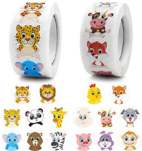 ZoZoMaiy 1000 Stück Tier Belohnungsaufkleber Rolle Kinder Animal Sticker Rolle 2.5cm Selbstklebende Runde Belohnungs Sticker mit 16 ArtenTier für Schule Lehrer Use Geschenken, Kindergeburtstag