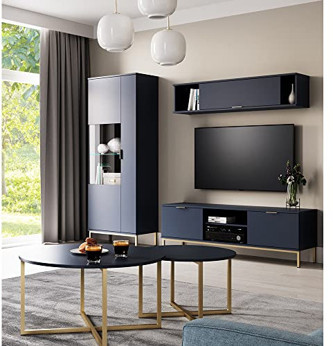 Lomadox Schrankwand aus Vitrine, TV-Lowboard und Wandschrank, mit 2 Couchtischen und LED Beleuchtung, Marineblau mit Fußgestell und Griffen aus Metall, B/H/T ca. 235/190/41 cm