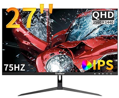 GreBear 27 Pouces Moniteur d'ordinateur 2K, IPS QHD 2560 x 1440p 75Hz, Ecran de Jeu pour Le Bureau à Domicile, HDMI, DP, FreeSync, Haut-Parleur Intégré, 100 x 100 mm Montable sur VESA