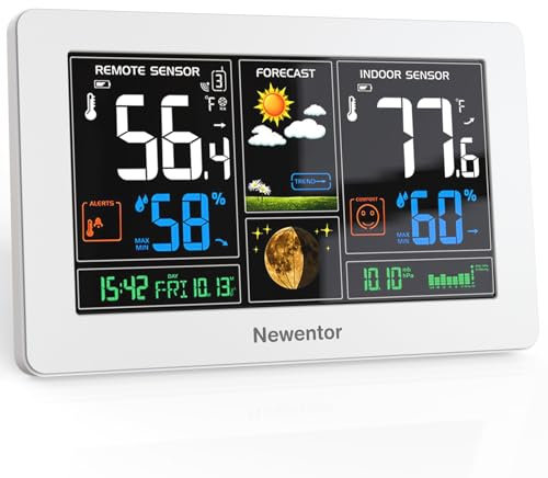 Newentor Weather Station Wireless Indoor Outdoor, Weather Thermometer with Atomic Clock, Large Display Temperature and Humidity Monitor with Alert, Weather Forecast and Barometric Pressure, White