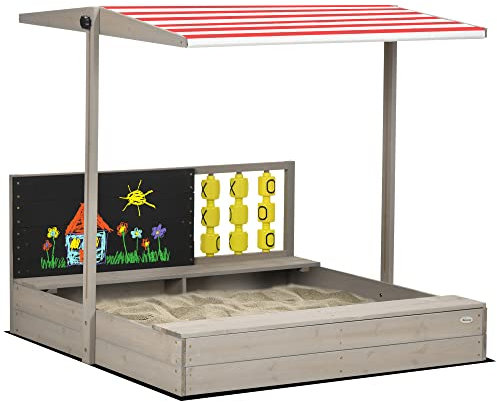 Outsunny Arenero de Madera para Niños de 3-7 Años Arenero Infantil con Techo Ajustable de Tela no Tejida Banco de 2 Asientos Pizarra y Juguetes para Patio Jardín 114x113x110 cm Gris