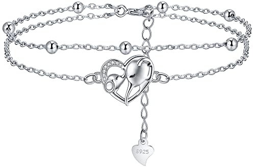 Lydreewam Mutter Tochter Elefant Armband für Damen 925 Sterling Silber Liebe Herz Doppel Armkette, Muttertag Geburtstagsgeschenk für Mama, verstellbar 17+4cm