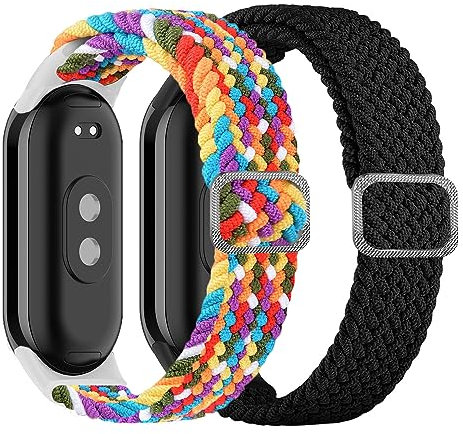 JMDZDL Geflochtenes Armband Kompatibel mit Xiaomi Mi Band 9/ Mi Band 8, Elastisch Uhrenarmband Sport Weichem Nylon Solo Loop Verstellbares Ersatzarmband für Mi Smart Band 9/8 Schwarz + Regenbogen