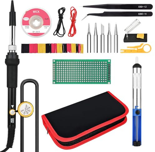 NUZEKY O6M29813QFSFIX Kit de fer à souder 60 W avec interrupteur marche/arrêt avec température réglable de 200 à 450 °C, outil de soudage avec 5 pannes, soudure et réparation de qualité supérieure