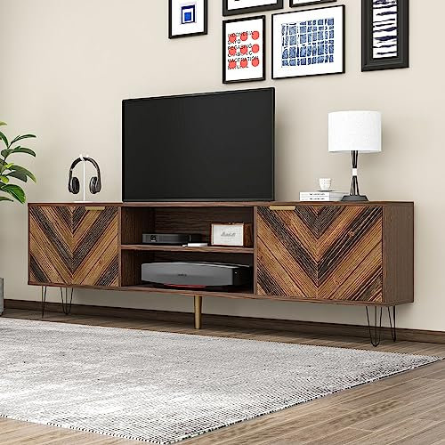 TV-Schrank mit Zwei Türen aus Massivholzfurnier und 2 Fächern, Moderner TV Lowboard mit Goldgriffe und Eisenfüße, Holz TV Fernsehschrank Für Wohnzimmer, Esszimmer, 160x38x48cm