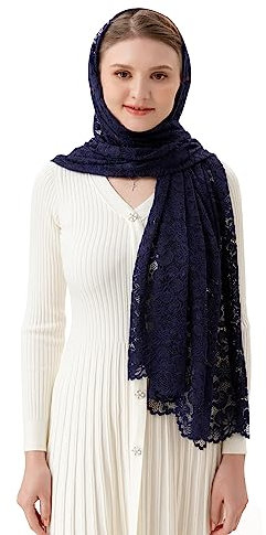 PAMOR Rechteckiger Kapellenschal für Damen, katholischer Kirchenschleier, Mantilla, Wickeltuch, Massenkopfabdeckung, Marineblau, Large