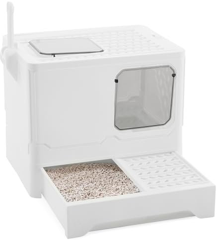 The Fellie Cat Litter Box Litter Tray, Large Space Litter Tray with Lid, Easy Clean Cat Litter Box with Drawer Pan & Scoop, Odor Control Cat litter Box, 2 Ways In and Out, White, 45Lx35Wx38Hcm