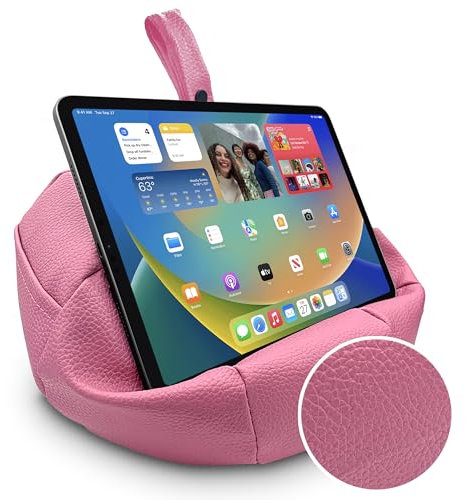 NEWMANS Pink Faux Leather Bean bag cushion for Tablet/iPad/Laptops - Holds securely at any angle on any surface - Handy side pockets