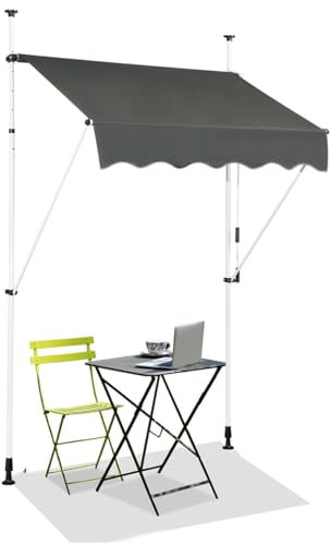 HOMASIS Klemmmarkise 150/200/250/300/350/400cm, höhenverstellbarer Sonnenschutz, Markise Balkon ohne Bohren, Balkonmarkise mit Handkurbel, UV-Schutz, Gelenkarmmarkise für Außenbereiche (Grau+1,5 m)