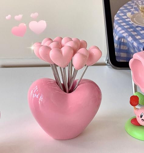 Juego de 10 tenedores de frutas de acero inoxidable y 1 soporte rosa para el amor, tenedores de frutas, tenedores de ensalada, palillos de alimentos