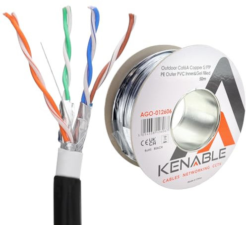 kenable Direct Burial External CAT6A S/FTP Outdoor Copper Ethernet Network Cable Reel Gel 50m