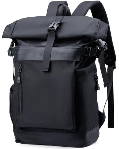 MATE ELAN Rolltop Rucksack Herren23L,Großer Rucksack Wasserdichter,Reiserucksack Canvas,Backpack mit Laptop Fach 17,3 Zoll,Backpack Travel Schwarz,Rolltop Backpack für Business,Reise,Wandern