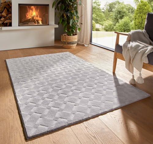 Kurzflor Boho Skandi Polyester Teppich in 3D Optik waschbar, pflegeleicht und robust ideal fürs Wohnzimmer, Schlafzimmer und Kinderzimmer auch als Badematte Grau karos kariert 240X340 cm