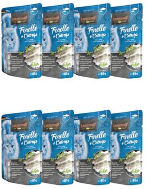 Leonardo Frischebeutel 8x85 g - Katzenfutter - Nassfutter - Multi Bundle - getreidefrei & appetitanregend - Sparpaket - 85 g, 8X Forelle + Catnip - Premium Katzenfutter ohne Getreide
