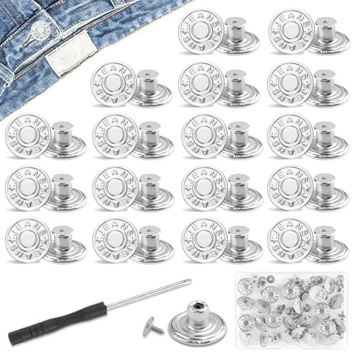 24 Stück Hosen Ersatz Knöpfe, Ø 17mm Verstellbare Jeansknöpfe mit Schraubendreher, Messing Jeansknöpfe Stecken für DIY Jeansknopf zur Reparatur von Jeans, Hose - Silber