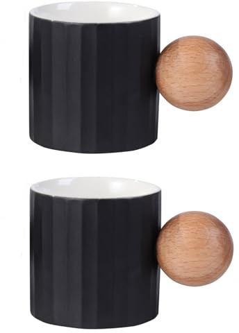 Fire Kirin Lot de 2 mini tasses à expresso rondes en céramique de 60 ml, avec poignée en bois et rayures pour thé ou café (noir)