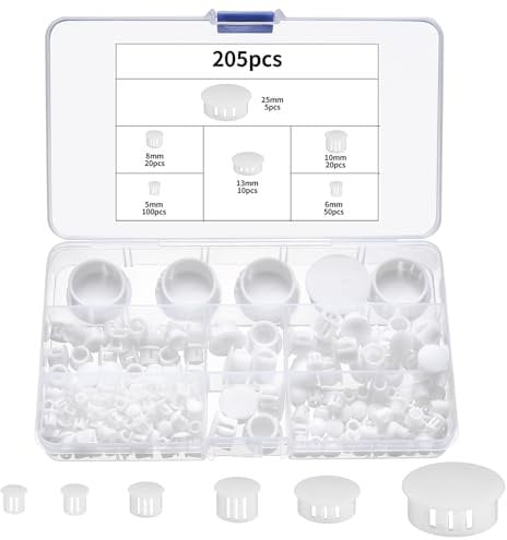 205 Pcs Cache Trou Meuble Mur Blanc, Bouchon Plastique, Obturateur Cache Trou Couverture de Trou de Meubles, Bouchons de Trous de Percage Meubles Plastique Rond pour Étagères Armoires 5/6/8/10/13mm