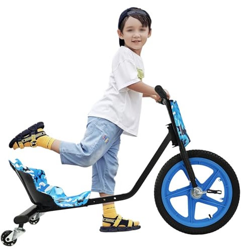 Drift Cart, Drift Trike,16 Zoll Drift Scooter, Drift Bike, Tragfähigkeit 100kg, Verstellbarer Sitz, Hinterrad mit Lichtern, für Kinder ab 6 Jahren, Blau Camouflage