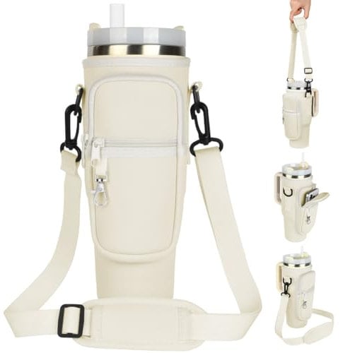 AYESY Water Bottle Carrier Bag, Water Bottle Holder with Adjustable Strap & Phone Pocket Compatible for Stanley Cup, Fits Stanley Quencher 40 oz Tumbler, Walking Hiking Camping-White