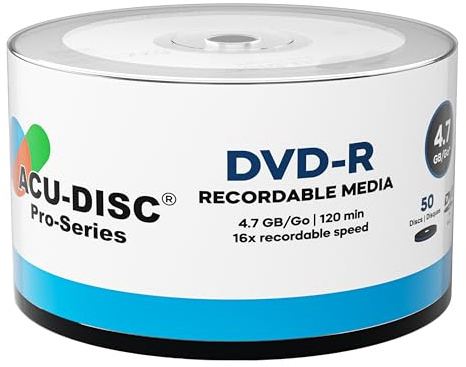 ACU-DISC Pro-serien DVD-R 4,7 GB 16 x hastighet 120 minuter tomma skivor AZO färg UV-skydd hård rock anti-repor yta – perfekt för foton och videor – kompatibel med alla DVD-enheter 17714 – 50-pack