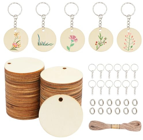 Dluszert 120 Stück 3.5CM Runde Holzscheiben mit Loch, Natürliche Holzkreise mit 60 Stück Schlüsselanhänger, Holzanhänger Rund zum Basteln, Holzplättchen Rund für DIY Handwerk Streudeko Hochzeit