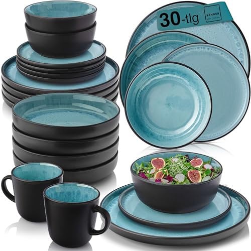 SÄNGER Granada | Kombiservice 6 Personen, Teller Set Kaffeebecher Pastaschale 30 tlg Steingut Geschirr Set spülmaschinen- mikrowellen- kratzfest, Geschirrset blau mit schwarzem Rand | VALUE COLLECTION