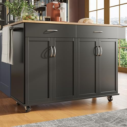 KAZZIO Moderne Kücheninsel (106×50×90.5cm), Küchenschrank, buffetschrank, Speisewagen mit Holzmaserung, buffetschrank, Multifunktionale Esstisch mit Speicherraum, Schwarz