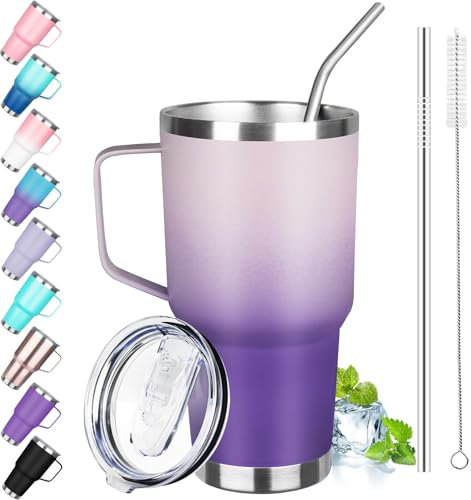 GUDEMAO 30 oz Tumbler with Handle, Stainless Steel Insulated Tumbler with Lid and Straw, Double Wall Vacuum Coffee Mug Tumbler, Insulated Coffee Thermal Cup for Cold and Hot (Light Dark Purple)