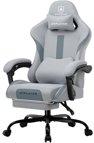 GTPLAYER Gaming Stuhl Bürostuhl Ergonomisch Gaming Sessel mit Kopfstütze und Cloud-Lendenkissen, Gepolstert Gaming Chair mit Fußstütze, Drehsessel,150kg Kapazität, Grau
