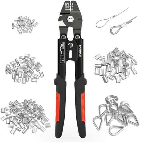 Sanuke Wire Rope Crimping Tool for 3/64 1/16 5/64 inch Aluminum Crimping Loop Sleeves Kit with 160pcs Aluminum Crimping Loop Sleeve and 10pcs Stainless Steel Thimble