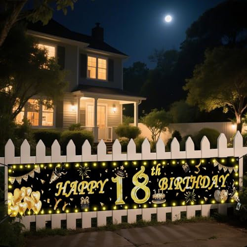 Seutgjie Deko 18 Geburtstag Banner mit LED Lichtband für Junge Mädchen 40 * 270CM Hintergrund Dekoration Gold Schwarz