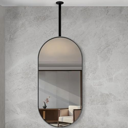 NIKSHI Soffitto ovale sospeso specchio, montato a parete con telaio in metallo nero - Boom personalizzabile, casa o hotel bagno vanità specchio,40cmx60cm