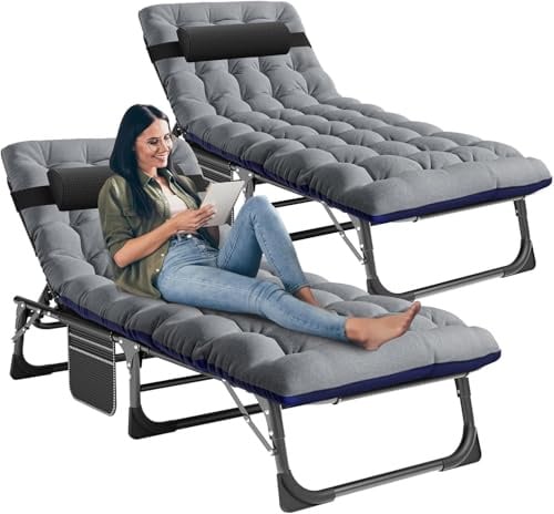 Ryuhic 2er Set Sonnenliege Liegestuhl Klappbar Strandliege Gartenliege | 200KG Belastbar Klappbett mit Matratze und Nackenkissen, Verstellbare Relaxliege Campingliege für Outdoor Balkon