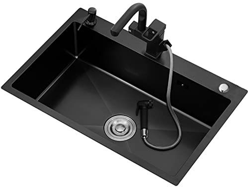 Évier de cuisine noir en acier inoxydable 304 fait à la main avec robinet rabattable et kit de vidange multifonctionnel pour installation sur le dessus du camping-car