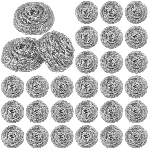 JIAYUET 30PCS Stainless Steel Scourers, 6 cm Heavy Duty Metal Scrubbers for Pots, Pans Grill Grease, Rust-Resistant Cleaning Pads, Silver