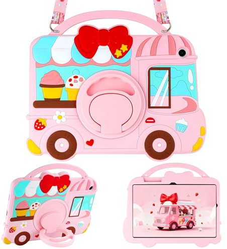 Coolden for Samsung Galaxy Tab A9 Plus Case 11 Inch 2023 for Kids Girls with Shoulder Strap 360 ° Rotating Stand Cute Dessert Truck Soft Silicone Protective Cover for Galaxy Tab A9 Plus Case-Pink