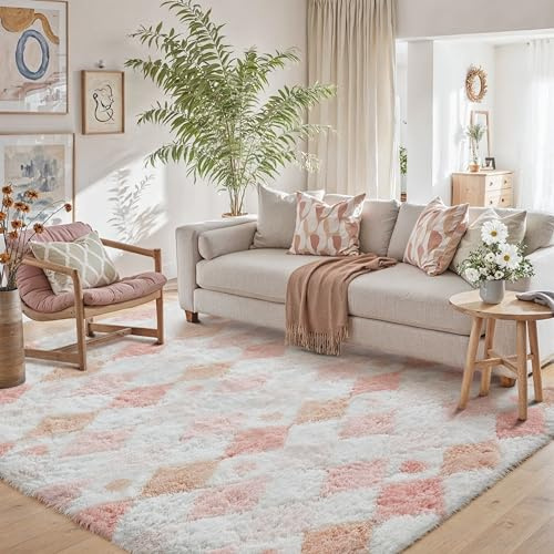 HUGEAR Kariert Flauschig Teppich Wohnzimmer 140x200cm Rosa Weiß Shaggy Carpet