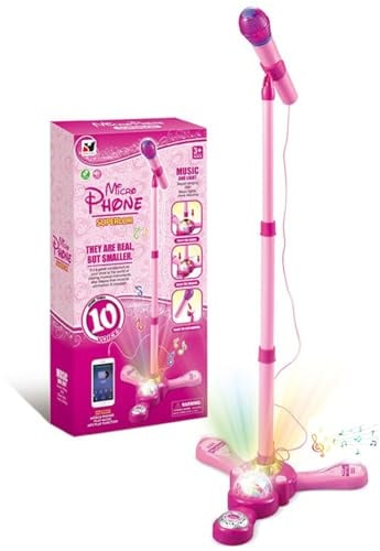 Microphone pour enfants et support, support de microphone à hauteur réglable pour enfants avec lumières de scène clignotantes, machines de karaoké pour les enfants debout pour filles et garçons