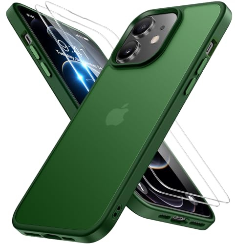 Miracase for iPhone 12/12 pro Case with 9H+Screen Protector, Dark Green | TOP Military-Grade Protection Shockproof Scratch-Resistant with Velvet Touch for iPhone 12/12 pro Cover 6.1 Matte