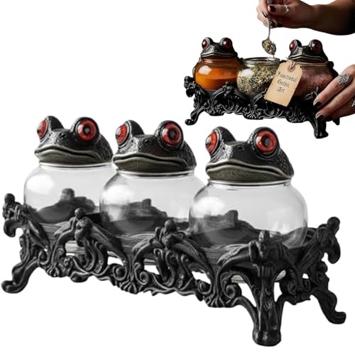 Lot de 3 pots à épices en verre vintage gothique avec couvercles grenouille, pour épices, herbes, sels et décoration d'intérieur