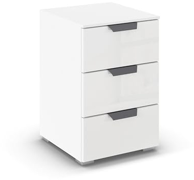 Rauch Möbel ADITIO, Nachttisch, Farbe Glas Weiß, Maße 40x61x42 cm | Nachtkommode im modernen Look, 3 Schubladen, mit Glasfront, Soft-Close, für Schlafzimmer, Jugendzimmer, Gästezimmer